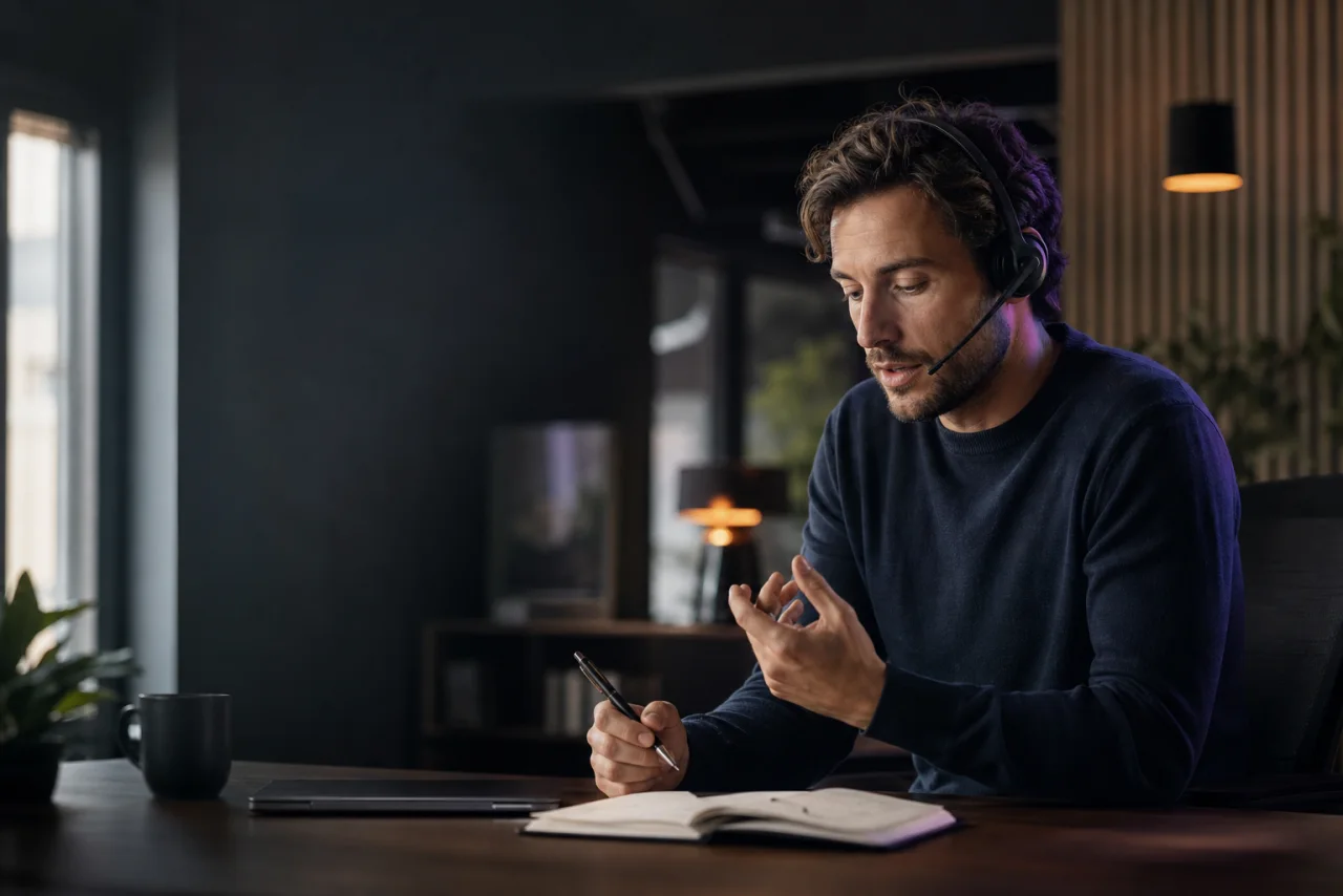 A sales professional practising a customer conversation with calm focus
